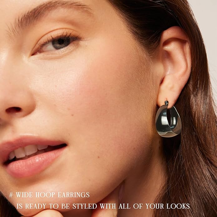 EXGOX Gold Hoop Earrings for Women Sterling Silver Post Hoops Earrings for Women Wide Thick Silver Hoop Earrings Hypoallergenic Lightweight 14k Real Gold Plated Hoop Large Earrings (25/30/40/50MM)