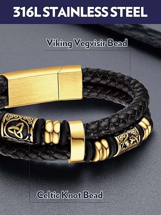 Bandmax Mens Black Double Wax Rope Cuff Bracelets Waterproof Stainless Steel Norse Style Celtic Knot Beads Bracelet Wristband Gift for Men