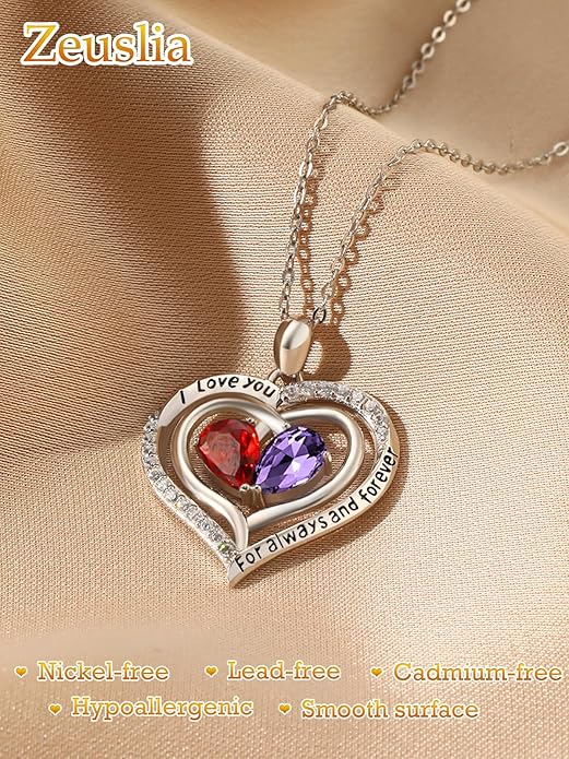 Zeuslia Double Birthstone Necklace Gifts for Wife - 925 Sterling Silver Sunflower/Rose/Crown Cross/Compass/Heart Pendant I Love You Necklace, Anniversary Birthday Gifts for Wife Girlfriend Mom Her