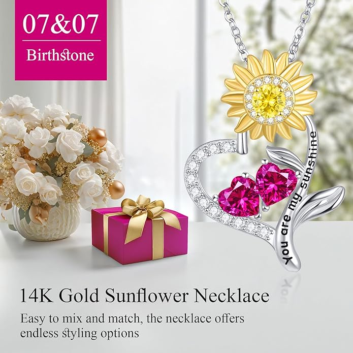 PERJI Valentine's Day Gifts for Women - 925 Sterling Silver Double Birthstone Sunflower Necklace, Anniversary Birthday Jewelry You are My Sunshine Gifts for Wife Couple Girlfriend 18"+2" Non Tarnish