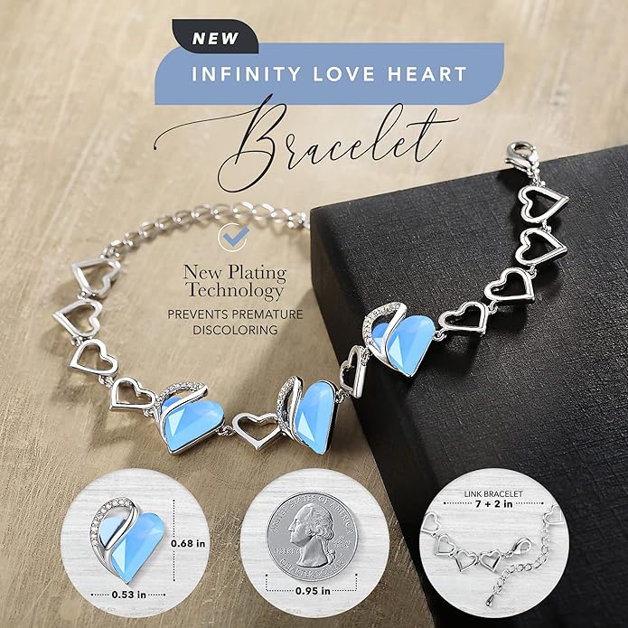 Leafael Infinity Love Heart Link Bracelets, Birthstone or Healing Stone Crystal Bracelet for Women, Silver Tone Jewelry Gifts for Her, 7-inch Chain and 2-inch Extender