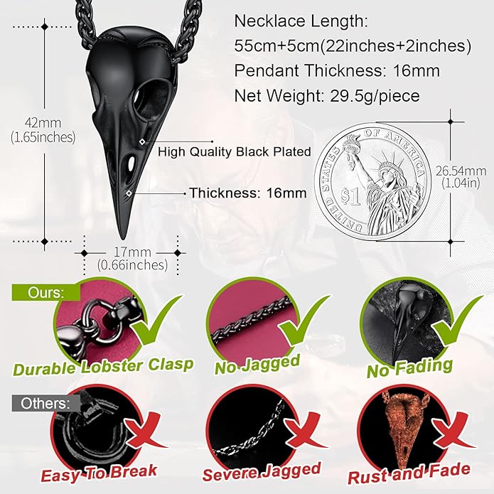 FaithHeart Viking Raven Necklace for Men, Norse Mythology Raven Skull Pendant Sturdy Stainless Steel Amulet Jewelry Gift for Men
