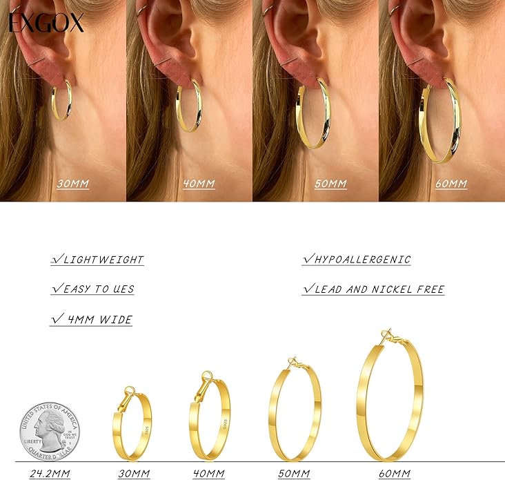 EXGOX Silver Hoop Earrings for Women - Sterling Silver & 14K Gold Plated - Hypoallergenic 925 Silver - Big Hoop Earrings (30/40/50/60/70mm)
