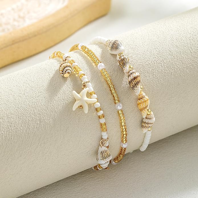 Shell Ankle Bracelet Set for Women, Gold Plated Boho Bead Adjustable Anklet, Hawaiian Beach Seashell Pearl Heart Starfish Conch Foot Jewelry Gifts