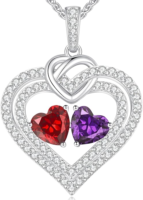 LOUISA SECRET Sparkling Double Heart Birthstone Necklaces for Women, 925 Sterling Silver Fine Jewelry, Pendant Heart Necklaces Birthday Anniversary Christmas Gift for Women Wife Mom Girlfriend Lady