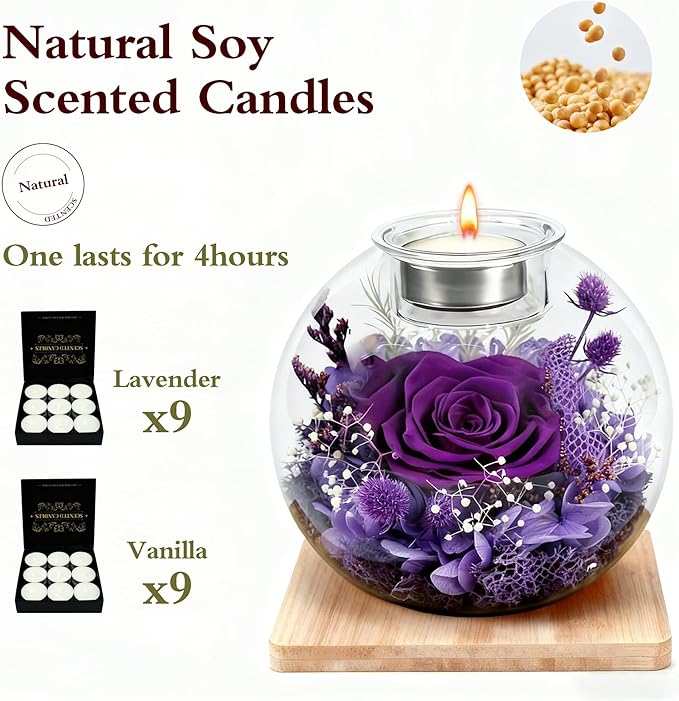 Forever Real Roses in Glass with Scented Candle, Christmas Gift Ideas Preserved Flower Christmas Gifts for Women Her Girlfriend Wife Mom on Valentines Birthday Anniversary Purple