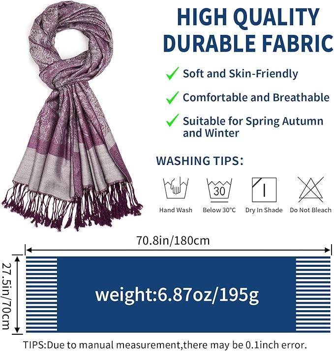 QIUTIMIY Paisley Pashmina Shawl Wrap Women Reversible Vintage Jacquard Pashmina Rave Scarf with Fringe for Evening, Wedding