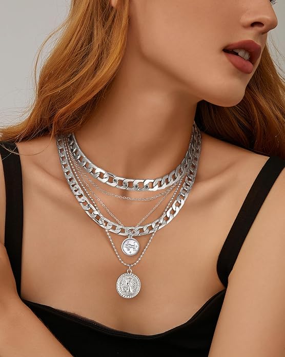 MJartoria Layered Necklaces for Women Trendy Retro Coin Pendant Necklace Dainty Chunky Chain Choker Necklaces for Jewelry Birthday Gifts