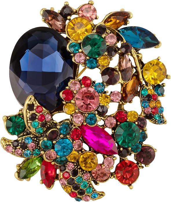 SELOVO Rhinestone Glitter Flower Brooch Pin Jewelry Scarf Accessory Vintage Gold Tone