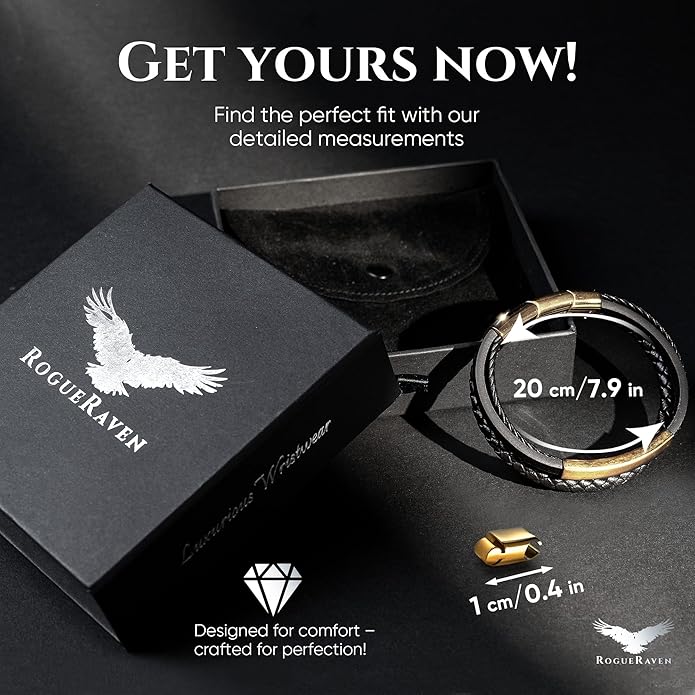 RogueRaven Black Leather Bracelet for Men – Premium Collection – Brown Black Gold Silver | Genuine Leather Mens Bracelet with Stainless Steel Clasp [Adjustable] | In Luxury Gift Box