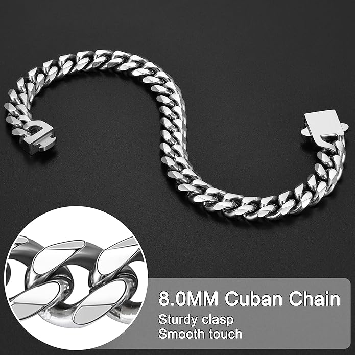 Fiusem Mens Silver Colored Bracelets for Men, Stainless Steel Cuban link Bracelet, 5mm/7mm/8mm Width, 7.1"/7.5"/7.9" Length Jewelry