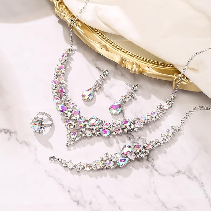 BriLove Wedding Bridal Jewelery for Women Austrian Crystal Teardrop Cluster Statement Necklace Dangle Earrings Link Bracelet Set