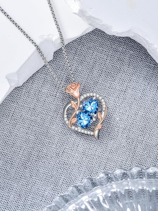 Christmas Gifts for Women Rose Heart Birthstone Pendant Necklace I Love You Forever Jewelry Valentine Mothers Day Birthday Gifts for Women Her Wife Girlfriend
