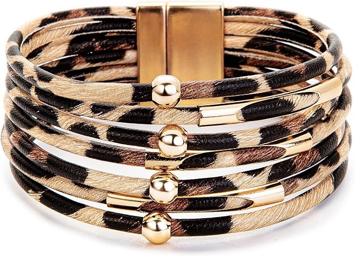 Fesciory Leather Wrap Bracelets for Women, Boho Leopard Multi-Layer Crystal Beads Cuff Bracelet Jewelry