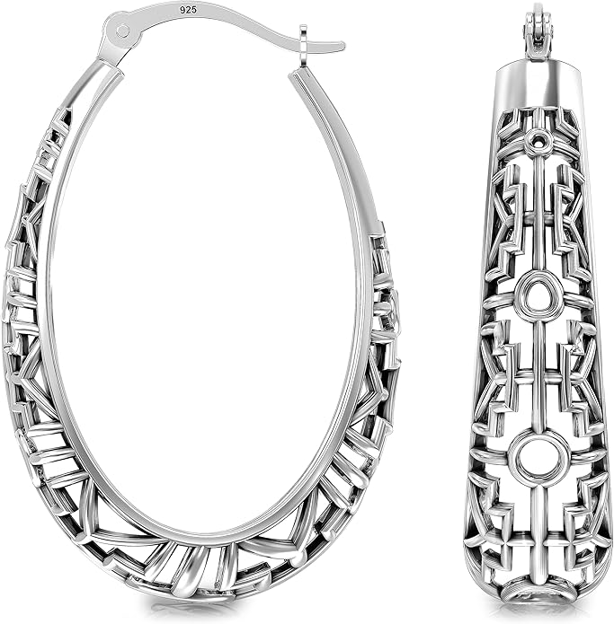 LeCalla 925 Sterling Silver Hoop Earrings for Women | Women's Filigree Hoop Earrings | Antique Oxidized Openwork Mesh Filigree Cut Earring Chunky Hoops | Hypoallergenic Vintage Filigree Oval Hoop Earrings for Women