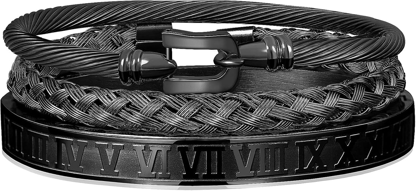 WFYOU 3PCS Stainless Steel Bracelets for Men Gold Roman Numeral Bangle Bracelet Twisted Cable Bracelet Adjustable Cuff Bracelet Mens Luxury Jewelry Bracelets Gifts
