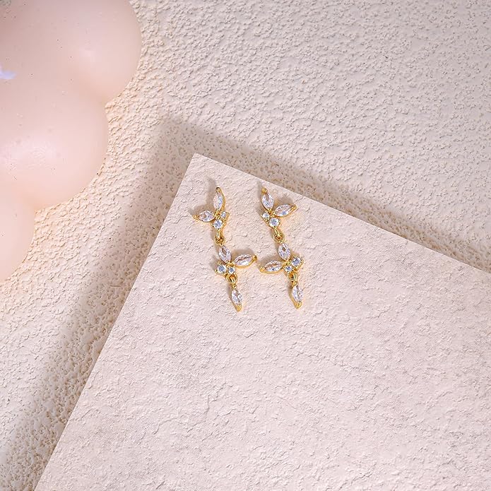 14K Gold Plated Butterfly Dangle Earrings for Women - Dainty, Trendy, Hypoallergenic CZ Drop Earrings - Simple Long Dangling Jewelry