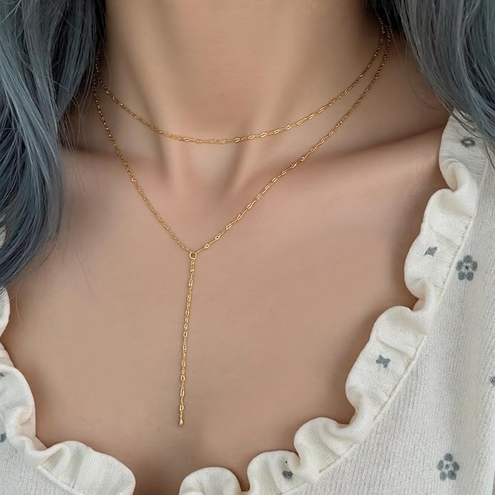 Irregular Y2k Long Y-shaped Necklace with Zircon Inlaid Sparkling Brick Tassel Pendant Double-Layer Chain High-end Fashion Accessory Women's