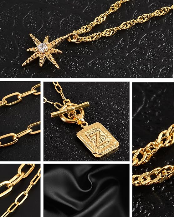 MJartoria Layered Initial Necklaces for Women Trendy, 14K Gold Plated Brass Simple Star Choker Square Letter Pendant Necklace, Paperclip Chain Necklaces Jewelry Gifts