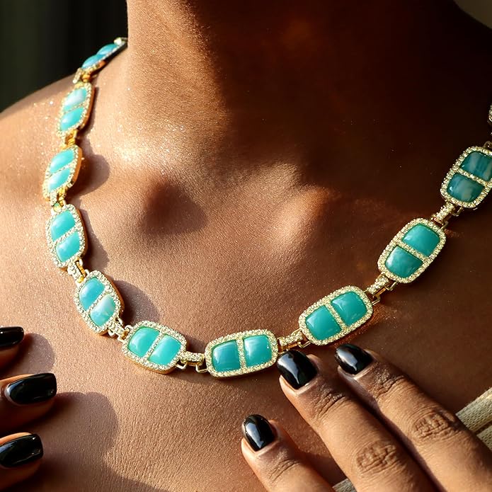 Chunky Necklace for Women 12 Colors Diamond Stone Gold Statement Necklace for Women Full Trendy Blue Birthstone Choker Necklace for Women Square Design Necklace Jewelry