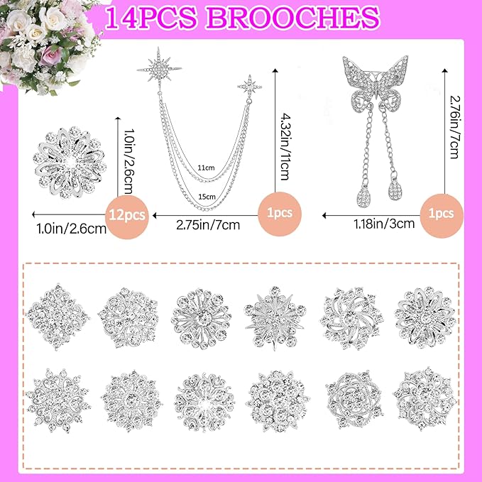 Yhsheen Silver Rhinestone Brooches Pin Kits Crystal Pearl Brooches for Bouquets for Wedding Decoration Accessories Jewelry Making Crafts(Sliver-14PCS)-C