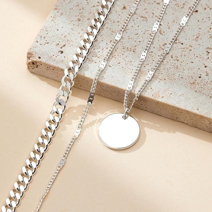 WomenGifts Layered Gold Necklaces for Women, 14K Gold Sterling Silver Plated Dainty Pendant Necklace Set with Cubic Zirconia Circle, Chunky Stackable Cuban Chain Choker, Trendy Personalized Birthstone Jewelry Gift Non Tarnish
