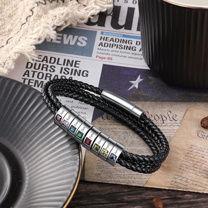 kaululu Custom Leather Bracelet for Men with 1/2/3/4/5/6/7/8 Birthstones Engraved Stainless Steel Beads Personalized Names Bracelet for Father's Day Christmas Thanksgiving Gift for Men