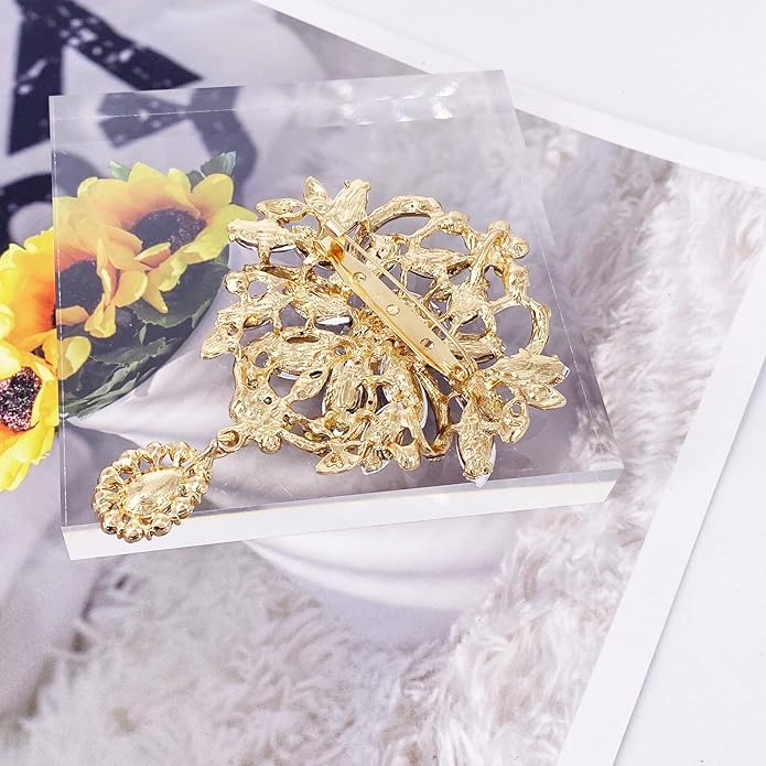 LAXPICOL Wedding Bridal Big Brown Crystal Rhinestone Bouquet Brooch Pin for Women Golden Tone