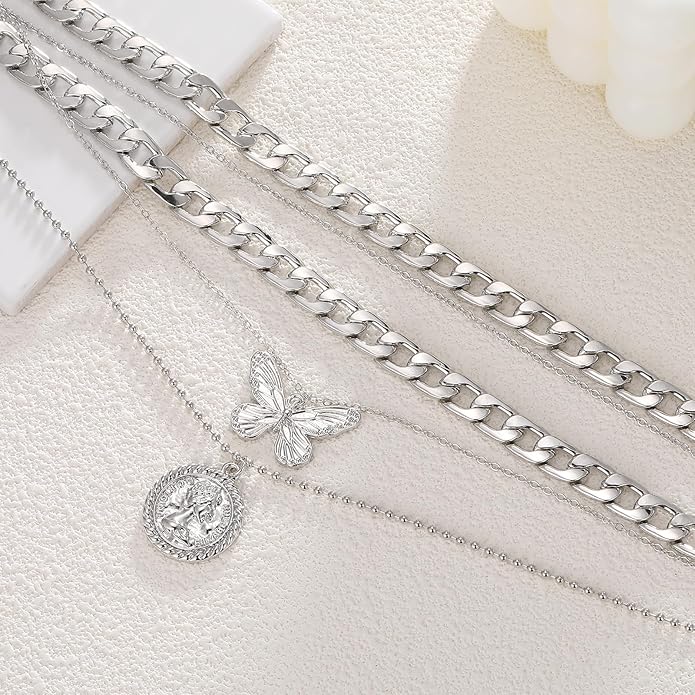 MJartoria Layered Necklaces for Women Trendy Retro Coin Pendant Necklace Dainty Chunky Chain Choker Necklaces for Jewelry Birthday Gifts