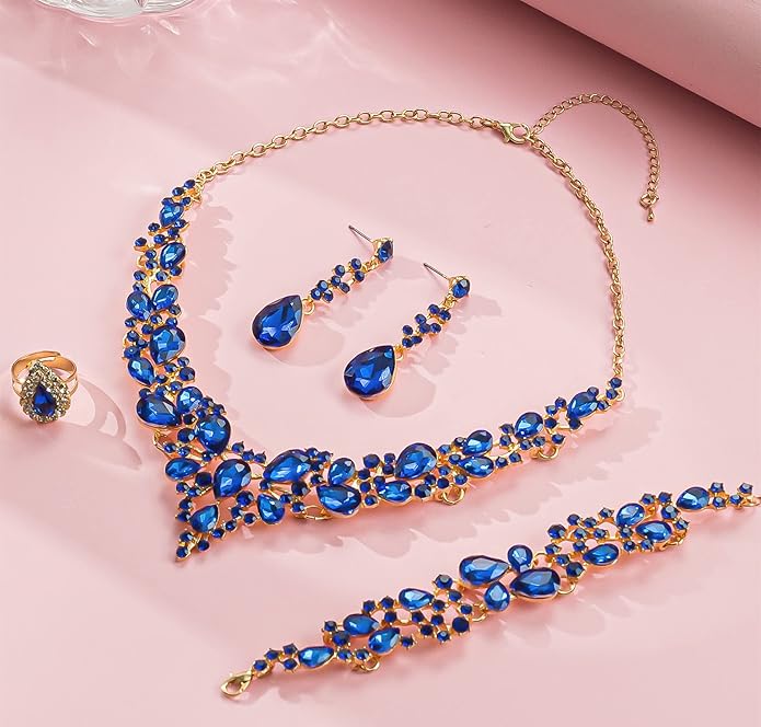 Paxuan Crystal Bridal Wedding Jewelry Sets for Women Rhinestone Teardrop Crystal Statement Choker Necklace Drop Earrings Link Bracelets Rings Teardrop Jewelry Set for Brides Bridesmaids
