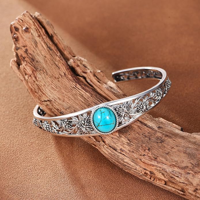 Christmas Jewelry Gift for Women-Genuine Turquoise Cuff Bracelet, Sterling Silver Western Vintage Floral Bangle Native American Jewelry, For 6.5-7.5 Inch Wrists