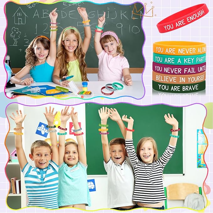 JUNEBRUSHS 64pcs Motivational Silicone Bracelets Bulk Colored Inspirational Rubber Wristbands Unisex for Student Teacher Office Prizes Gifts Back to School Party Favor Supplies