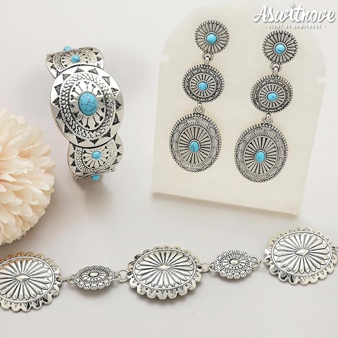 3 Pcs Western Concho Costume Jewelry Set for Women Western Dangle Earrings Boho Choker Necklace Bohemian Cuff Bracelet Cowboy Chic Country Concert Outfits for Women Christmas Jewelry Gift