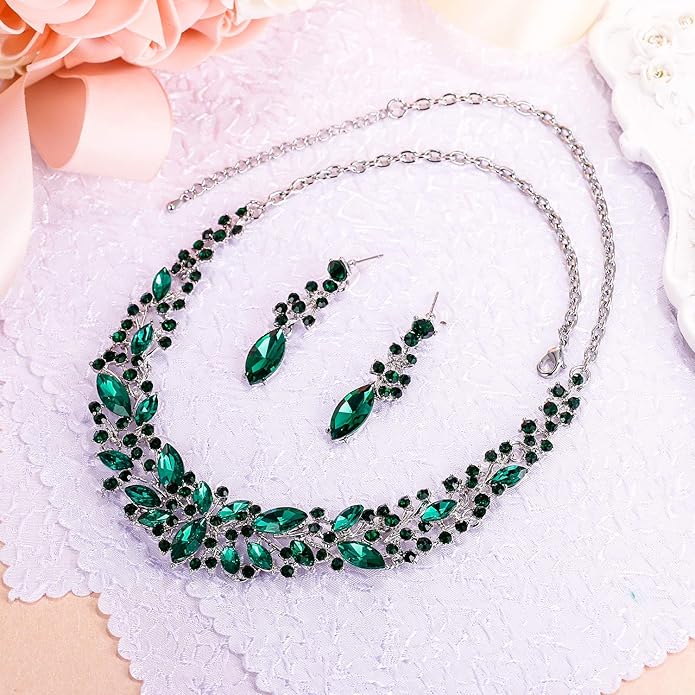 BriLove Women's Wedding Bridal Austrian Crystal Marquise Cluster Collar Necklace Dangle Earrings Set