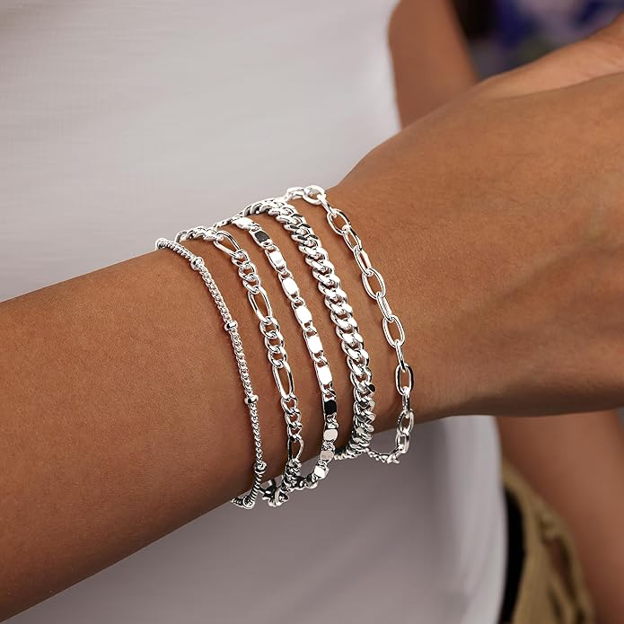 Gold Bracelets for Women Trendy,14K Gold Plated Dainty Stackable Paperclip Cuban Link Chain Bracelets, Simple Cute Cuff Bracelets Jewelry Set Adjustable 7"+2"