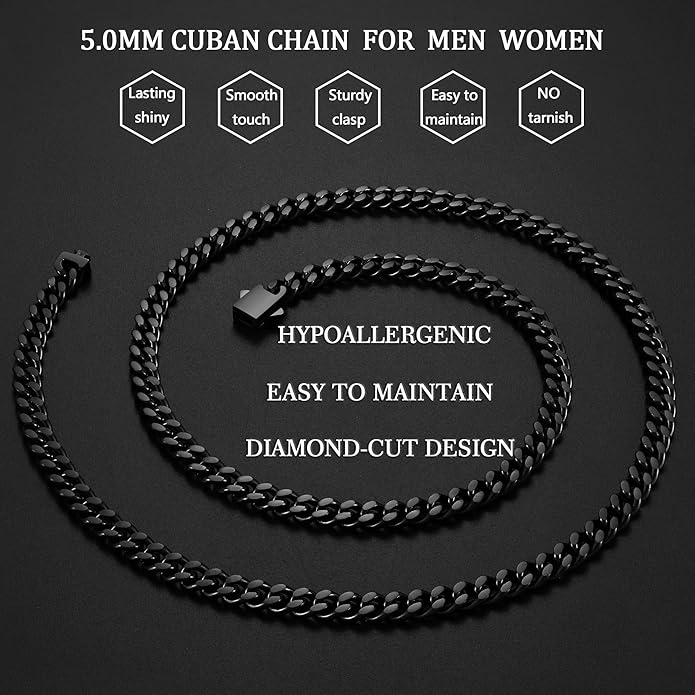 Fiusem Valentines Day Gifts for Him Silver Tone/Black/14K Gold Plated Chain Necklace for Men, 5mm/6mm/7.5mm/8mm/9mm Stainless Steel Cuban Link Chain Necklace, Men's Chains 18-28 Inch Jewelry Gifts