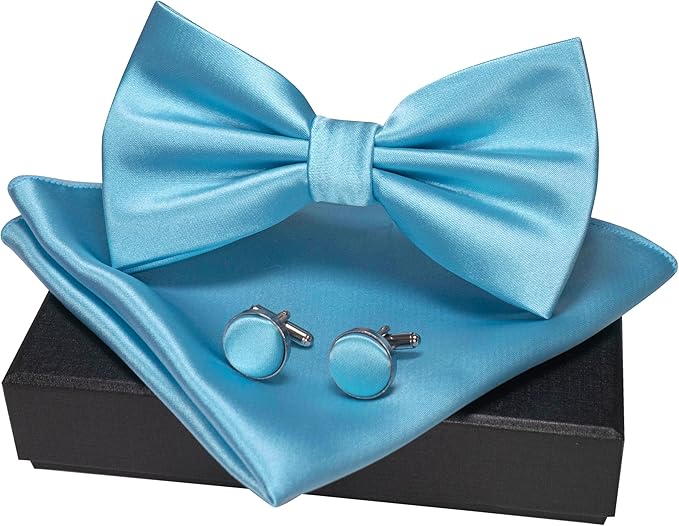JEMYGINS Solid Color mens Pre-tied Bow Tie and Pocket Square Cufflinks Sets with Gift Box
