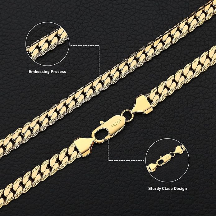 DFUNH 7MM Cuban Link Chain for Men Silver Chains, Silver Mens Chain Necklace,316L Stainless Steel and 14K White Gold /14K Gold Filled, Gold/Silver Chain for Men Necklace