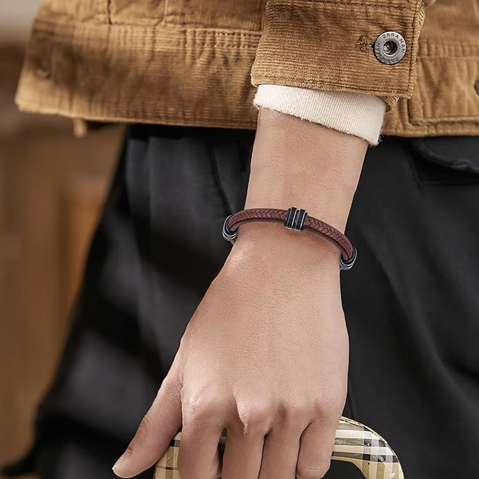Leather Bracelet for Men with Adjustable Stainless Steel Magnetic Clasp Multi-Layer Braided Mens Leather Bracelet