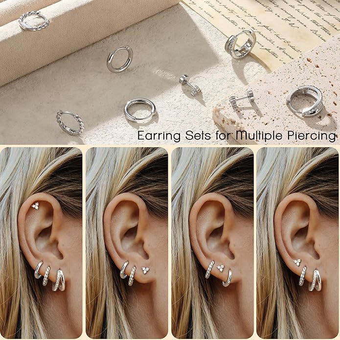 BESTEEL Small Hoop Earrings for Women - Hypoallergenic 14K Gold Plated Surgical Steel Chunky Huggie Earings Stacks Set Dainty Cute Cartilage Flat Back Stud Jewelry Trendy Gift 4 Pairs