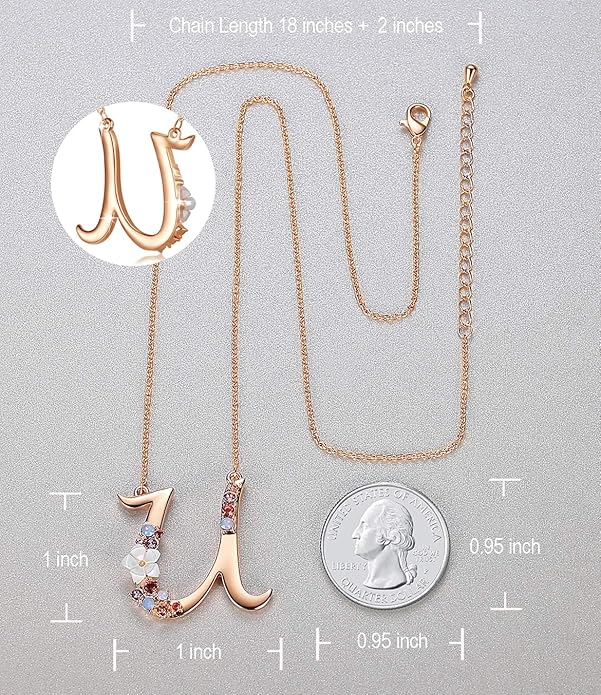 Flower Initial Letter Necklace Pink Red Blue Simulated Pearl Pendant Name Jewelry Made with Austrian Crystals Rose Gold Plated Anniversary Birthday Gifts for Women,18"+2"