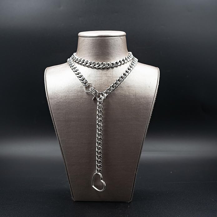 Chunky Gold Choker Necklaces for Women, Long Gold Chain Heart Necklace, 36 Inches Slip Chain Adjustable Lariat Heart Y Necklace for Women and Men, Goth Chunky Heart Necklace Jewlery Gifts