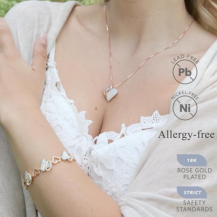 Leafael Rose Gold Plated Necklace for Women: Heart Shaped Birthstone/Healing Crystals Center, Dazzling Cubic Zirconia, Hypoallergenic Chain (18"+2"), Jewelry Gifts for Anniversaries and Birthdays