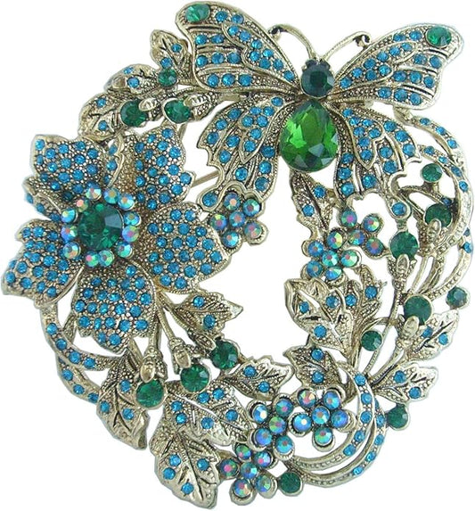 Art Style 3.54" Butterfly Flower Brooch Pin Pendant Rhinestone Crystal BZ4489