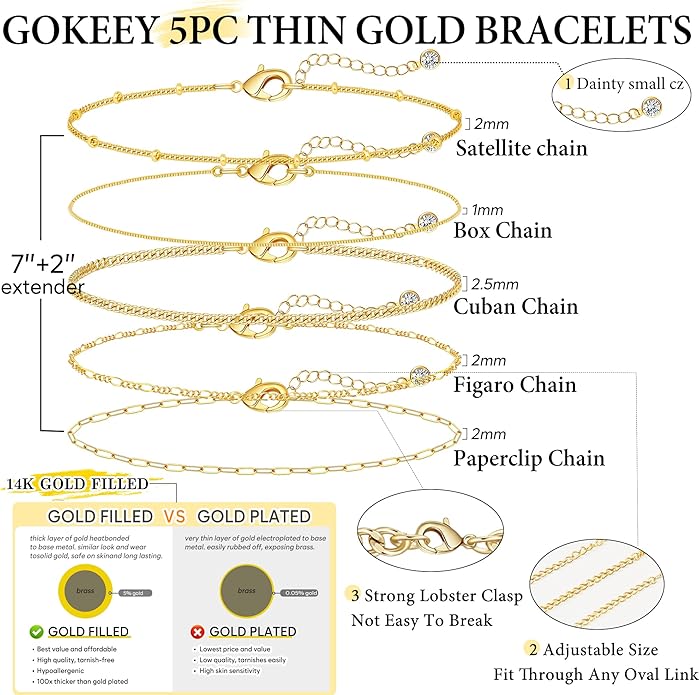 Gold Bracelets for Women Trendy,14K Gold Plated Dainty Stackable Paperclip Cuban Link Chain Bracelets, Simple Cute Cuff Bracelets Jewelry Set Adjustable 7"+2"