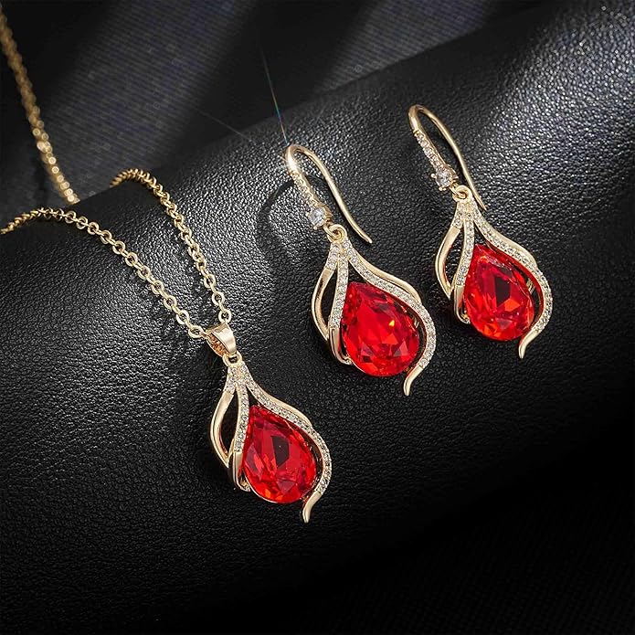 EVEVIC Austrian Crystals Teardrop Hollow Twisted Pendant Necklace Earrings for Women 14K Gold Plated Halo Drop Dangle Earrings Hypoallergenic Jewelry Set