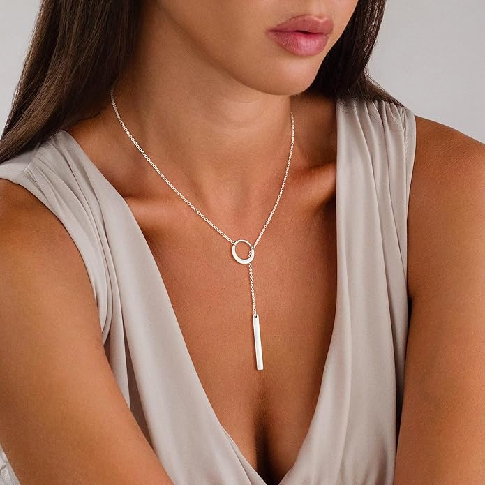 Lariat Gold Necklaces for Women Trendy Dainty Long Necklace 14k Gold Plated/Silver Layered Drop Beaded Chain Necklaces Y-shaped Pendant Necklace Simple Gold Jewelry Gifts