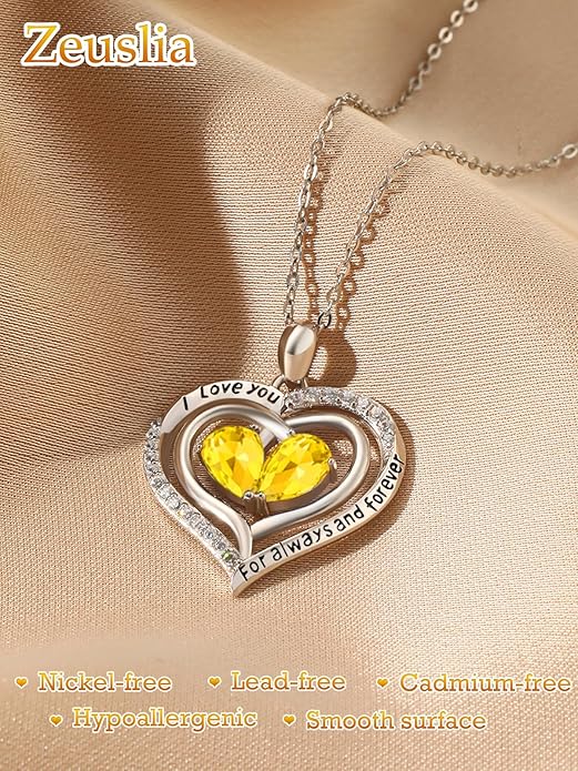 Zeuslia Double Birthstone Necklace Gifts for Wife - 925 Sterling Silver Sunflower/Rose/Crown Cross/Compass/Heart Pendant I Love You Necklace, Anniversary Birthday Gifts for Wife Girlfriend Mom Her