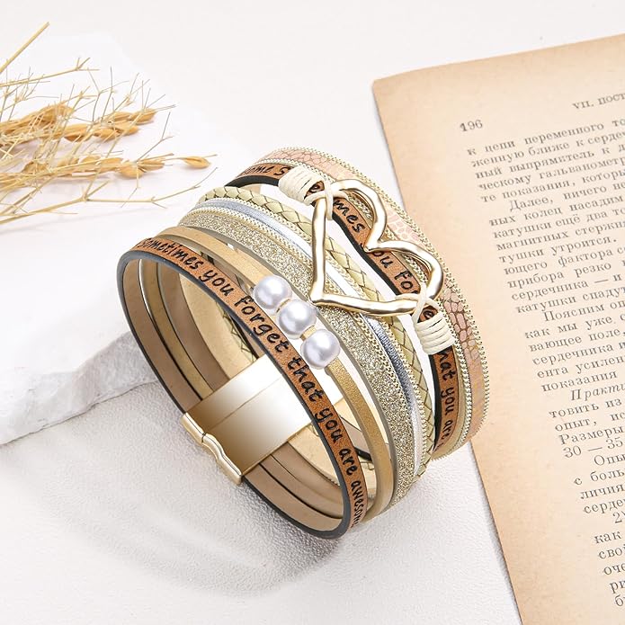 Desimtion Boho Layered Leather Wrap Inspirational Bracelets for Women, Sometimes You Forget Your Awesome Gifts for Women, Teen Girl Gifts Trendy Stuff, Christmas Jewelry for Women Girls