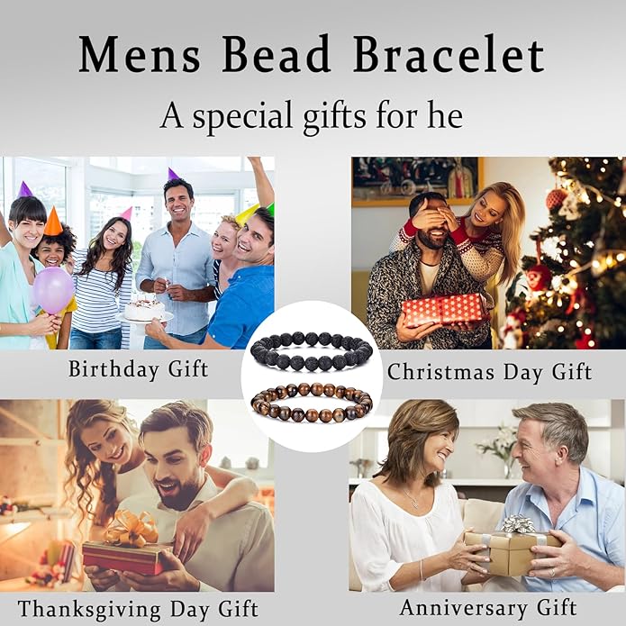 RANKEEF Mens Bead Bracelet Set - Adjustable Elastic Rope With 6&8MM Natural Stone Multi-Colored Beads - Tiger Eye Bracelets for Men - Gift